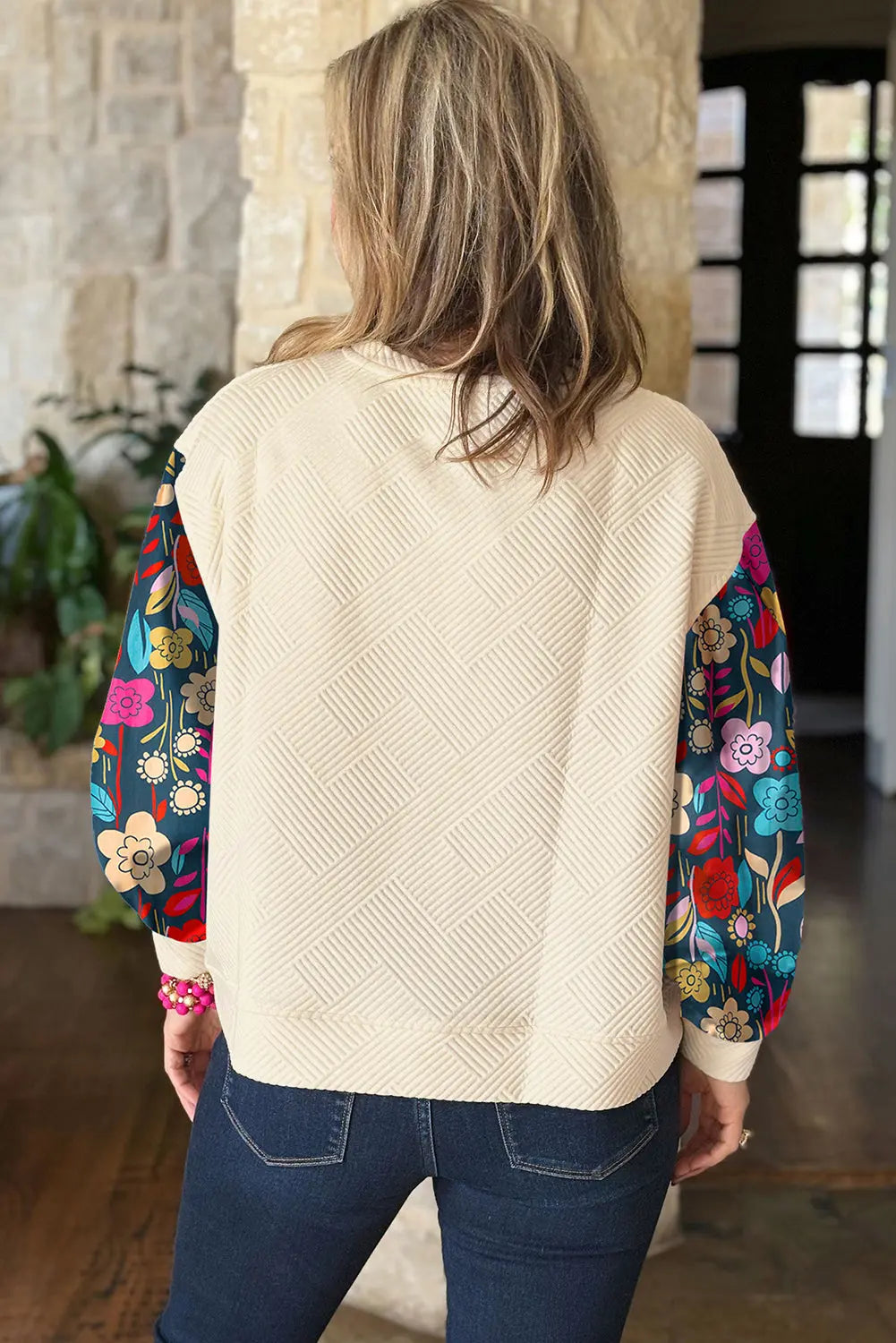 White Floral Patchwork Sleeve Textured Plus Size Pullover Top - eAura