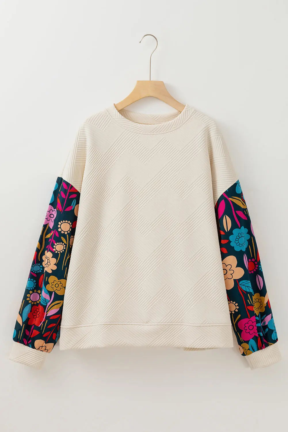 White Floral Patchwork Sleeve Textured Plus Size Pullover Top - eAura