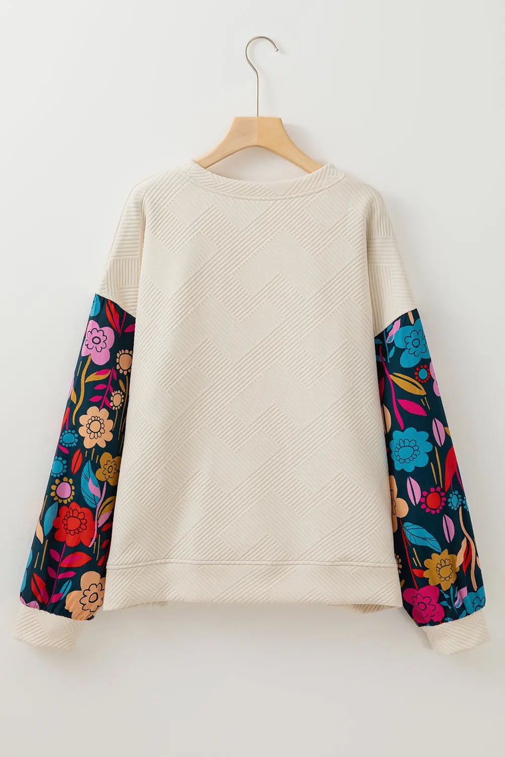 White Floral Patchwork Sleeve Textured Plus Size Pullover Top - eAura