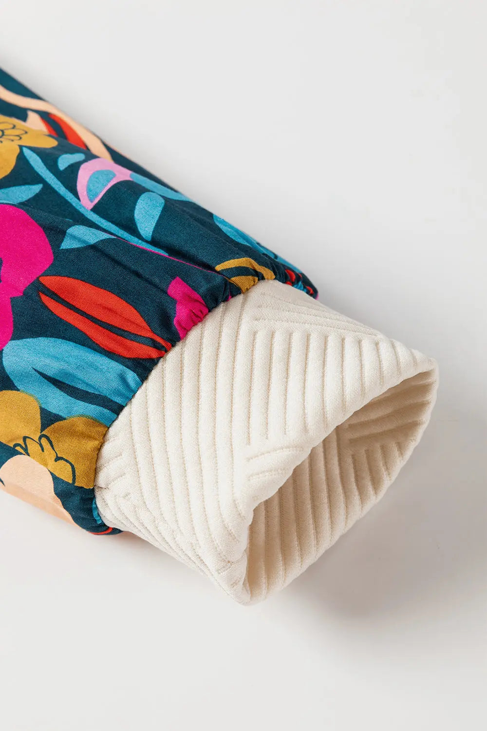 White Floral Patchwork Sleeve Textured Plus Size Pullover Top - eAura