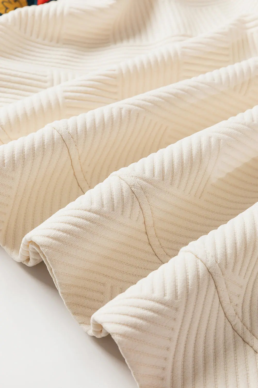 White Floral Patchwork Sleeve Textured Plus Size Pullover Top - eAura