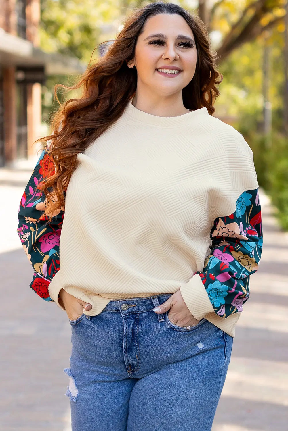 White Floral Patchwork Sleeve Textured Plus Size Pullover Top - eAura
