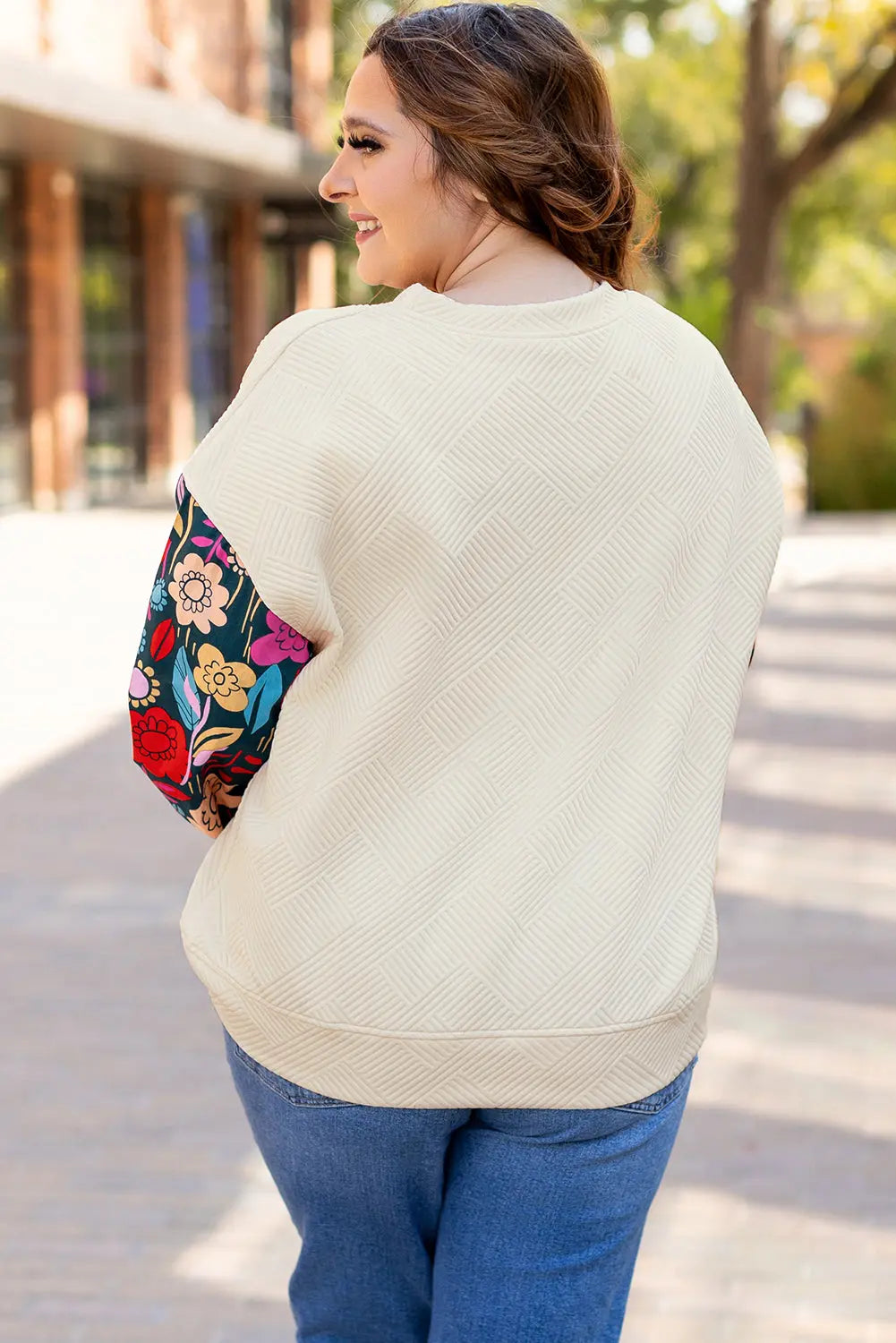 White Floral Patchwork Sleeve Textured Plus Size Pullover Top - eAura