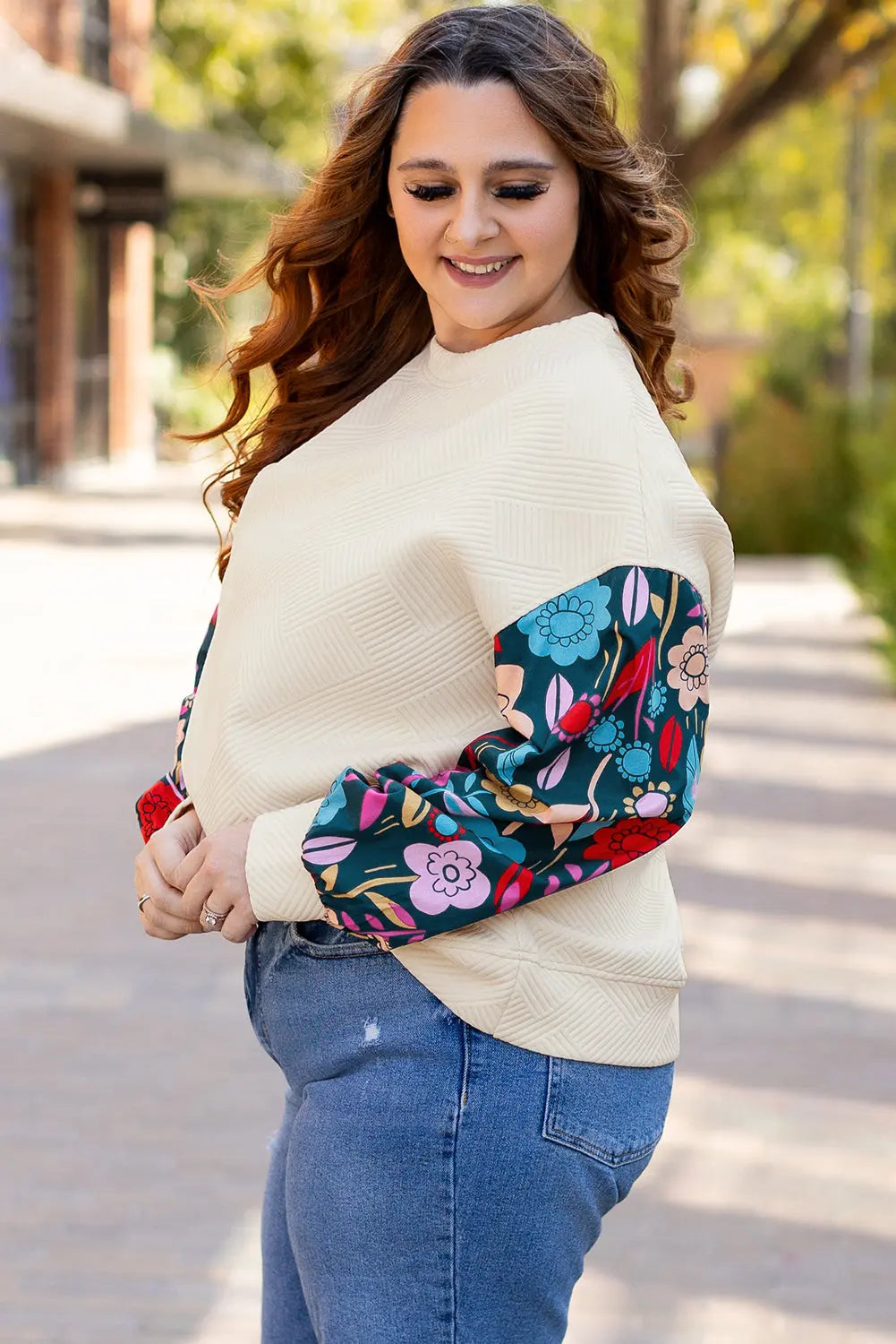 White Floral Patchwork Sleeve Textured Plus Size Pullover Top - eAura