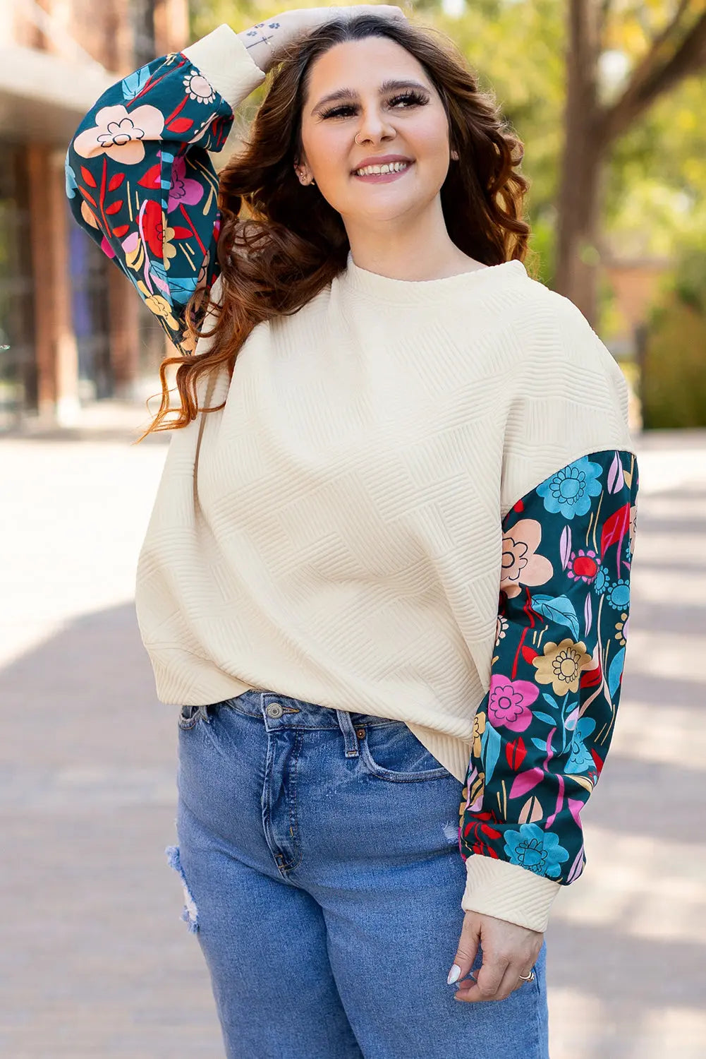 White Floral Patchwork Sleeve Textured Plus Size Pullover Top - eAura