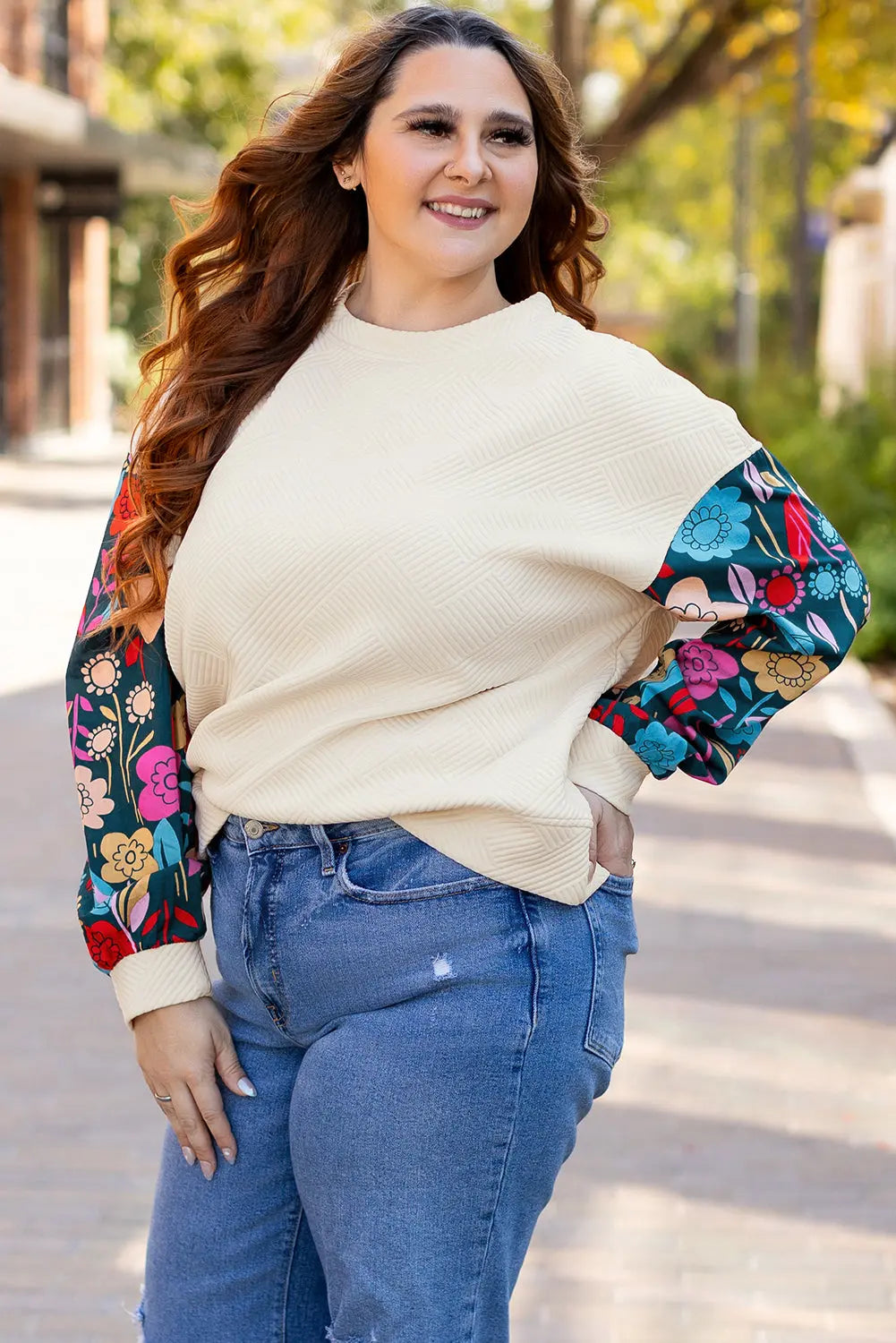 White Floral Patchwork Sleeve Textured Plus Size Pullover Top - eAura