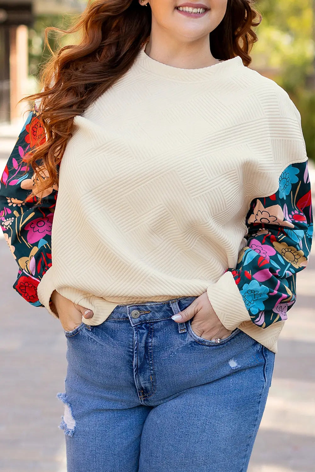White Floral Patchwork Sleeve Textured Plus Size Pullover Top - eAura