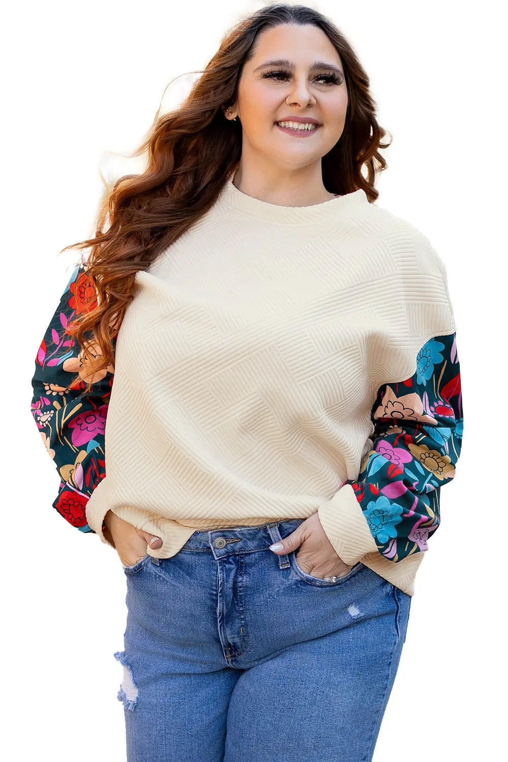 White Floral Patchwork Sleeve Textured Plus Size Pullover Top - eAura