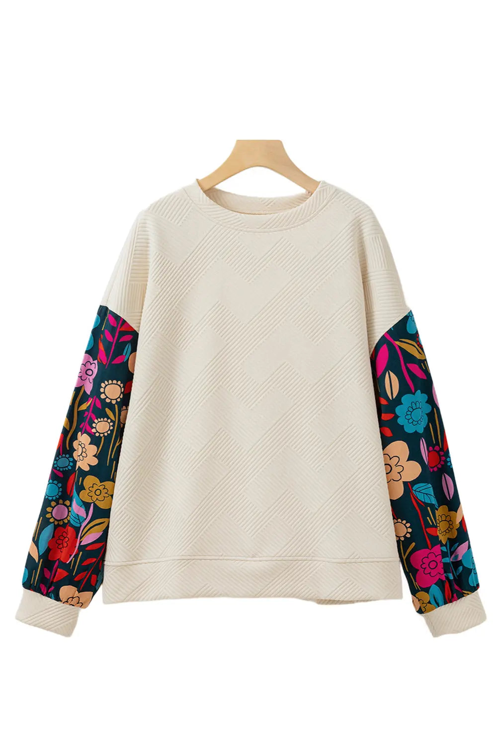White Floral Patchwork Sleeve Textured Plus Size Pullover Top - eAura