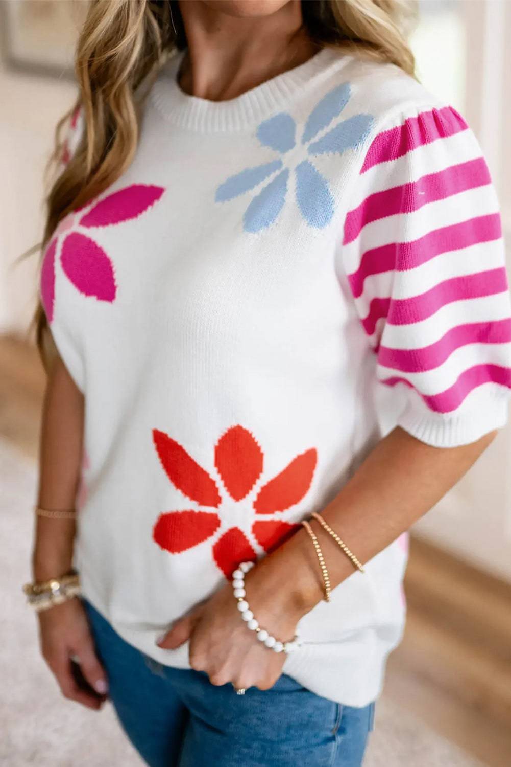 White Floral Pattern Striped Sleeve Sweater T Shirt - eAura