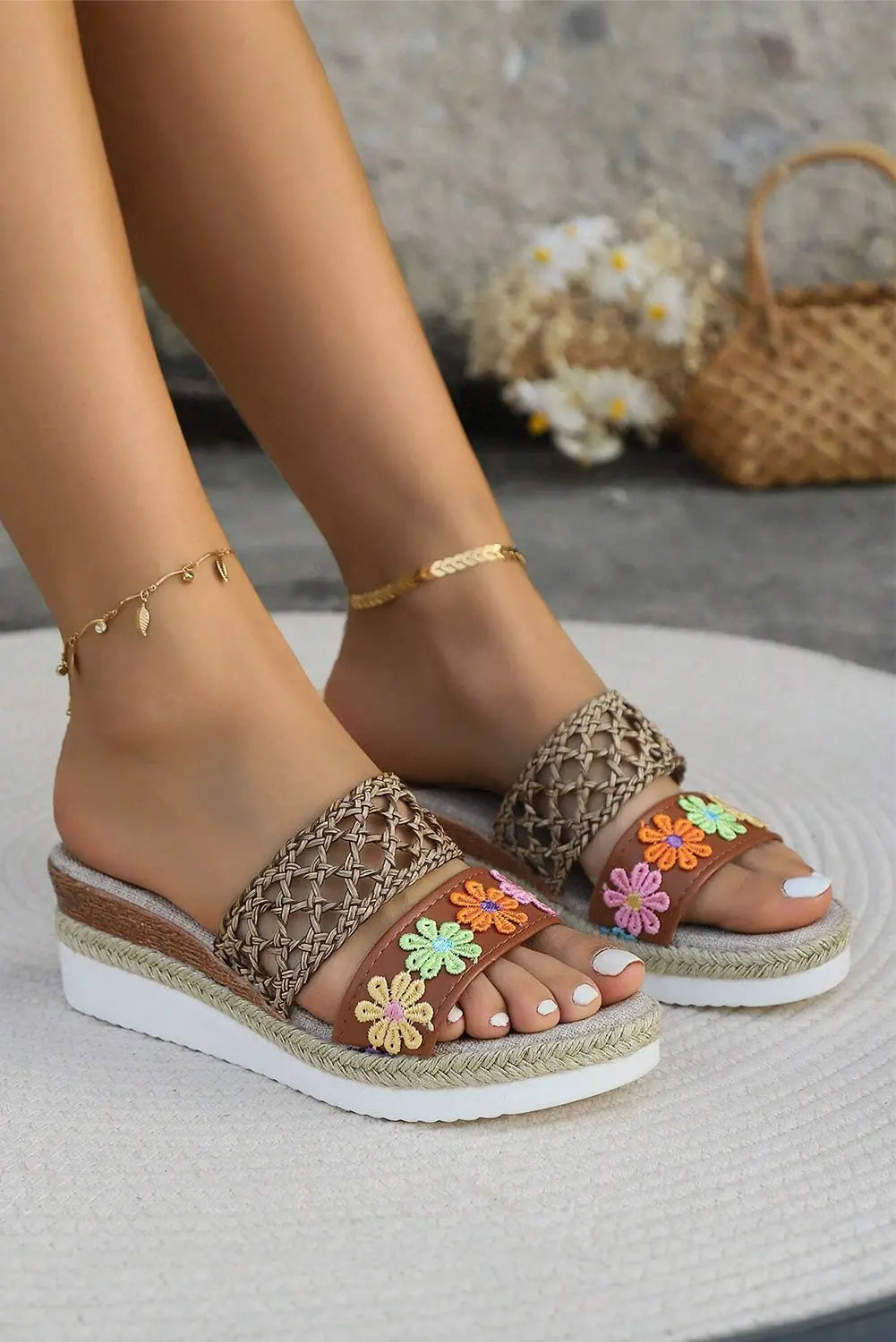 White Floral Print Braided Details Wedge Sandals Beagle Boutique Fashion Outlet