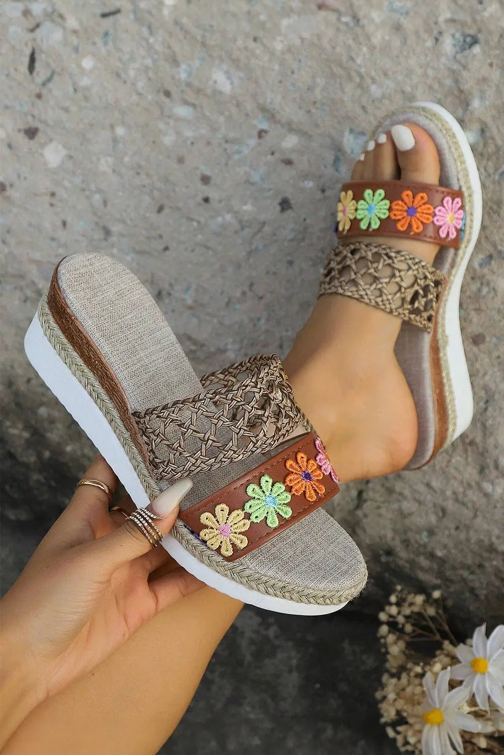 White Floral Print Braided Details Wedge Sandals Beagle Boutique Fashion Outlet