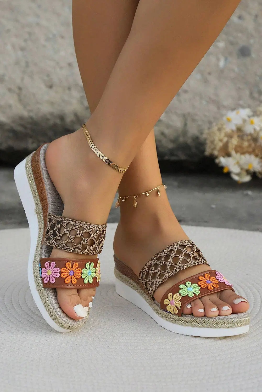 White Floral Print Braided Details Wedge Sandals Beagle Boutique Fashion Outlet
