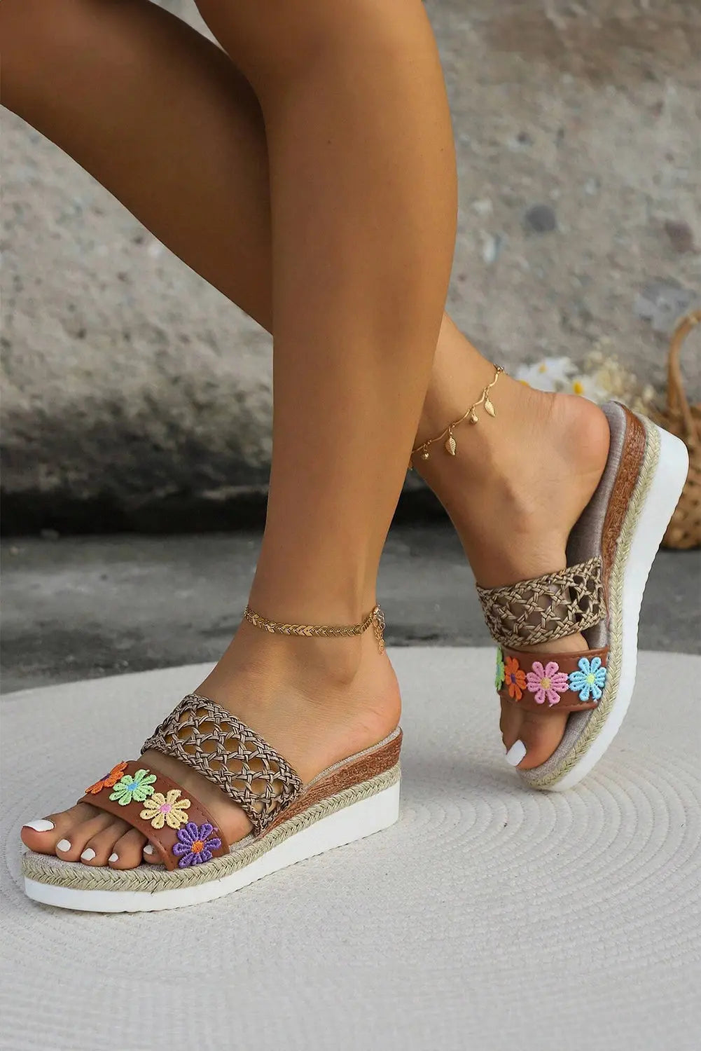 White Floral Print Braided Details Wedge Sandals Beagle Boutique Fashion Outlet