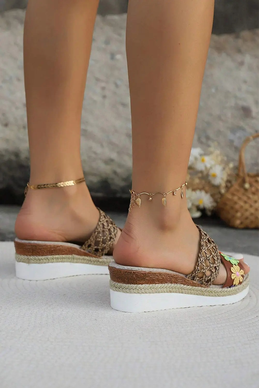 White Floral Print Braided Details Wedge Sandals Beagle Boutique Fashion Outlet