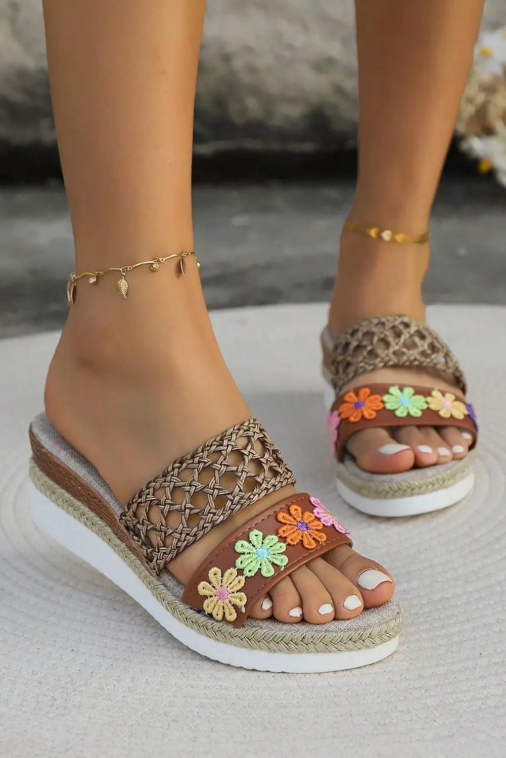White Floral Print Braided Details Wedge Sandals Beagle Boutique Fashion Outlet