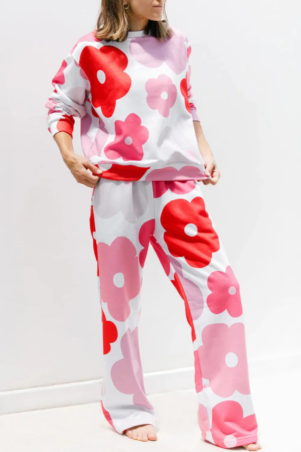 White Floral Print Pullover Top SweatTrousers Lounge Set eAura