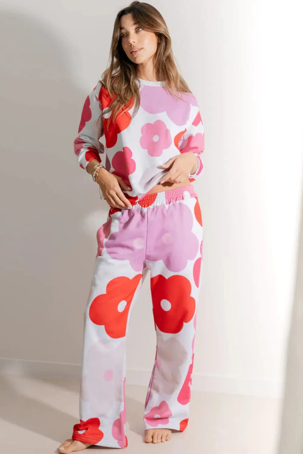 White Floral Print Pullover Top SweatTrousers Lounge Set eAura