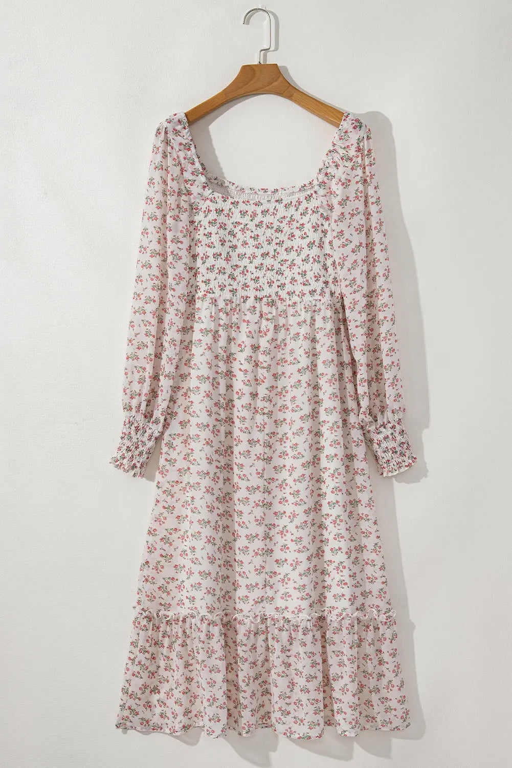 White Floral Print Shirred Ruffled Hem Square Neck Midi Dress - Dresses/Floral Dresses