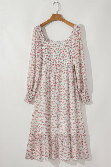 White Floral Print Shirred Ruffled Hem Square Neck Midi Dress - Dresses/Floral Dresses