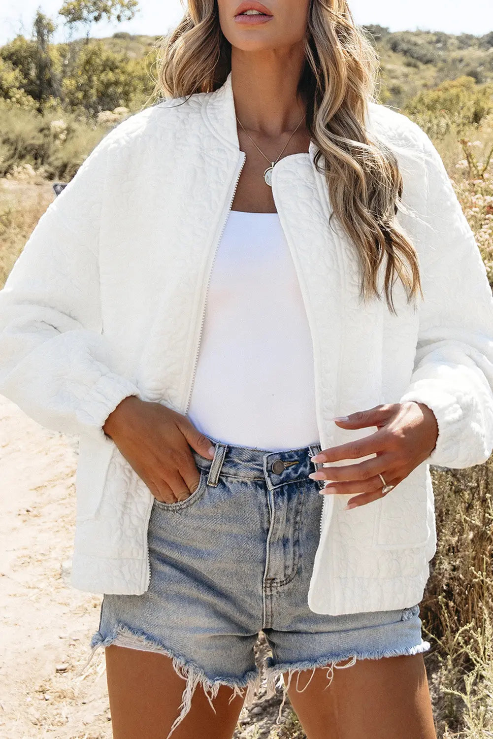 White Floral Quilted Jacket Beagle Boutique Fashion Outlet
