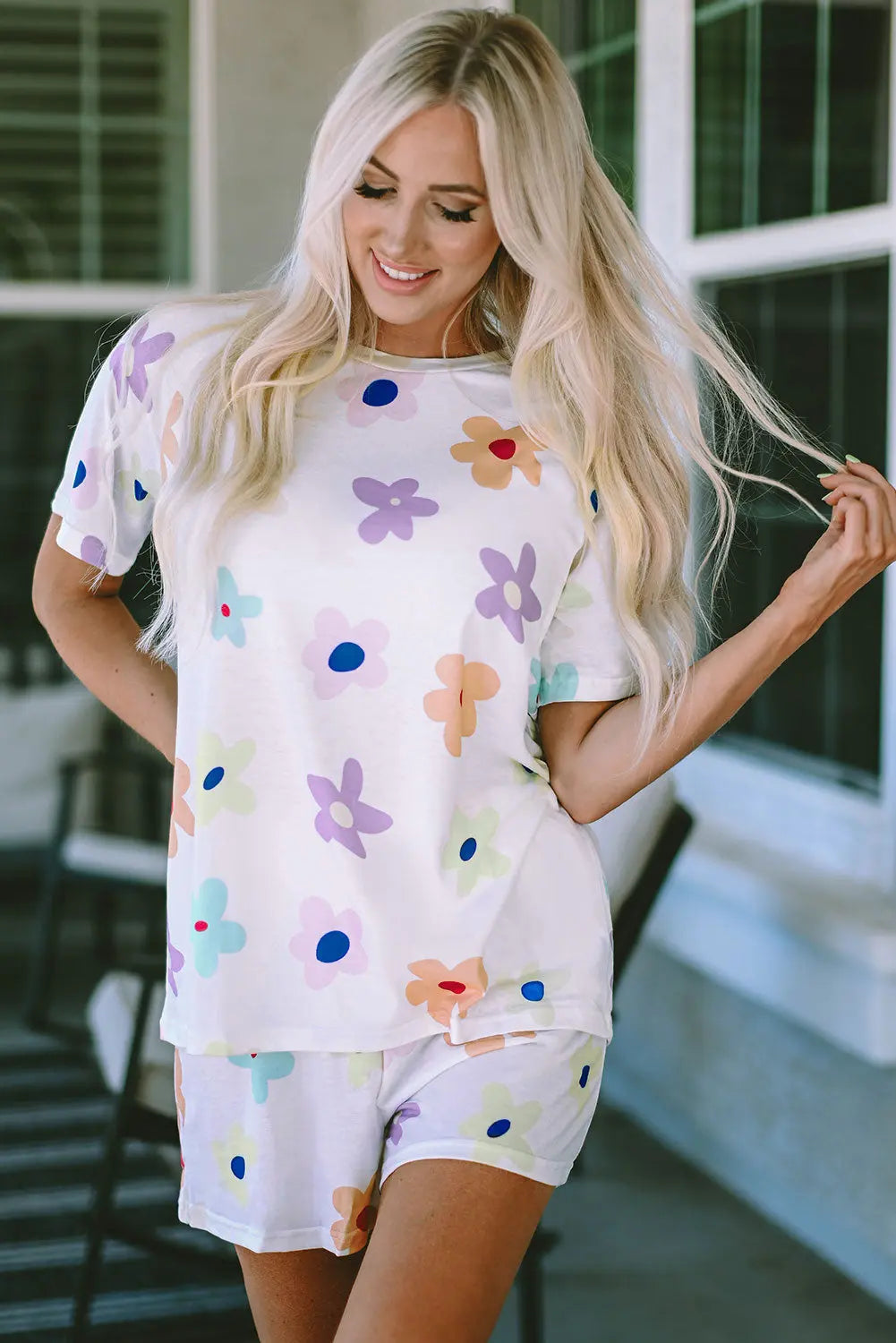 White Flower Print Short Sleeve High Waist Two Piece Loungewear eAura