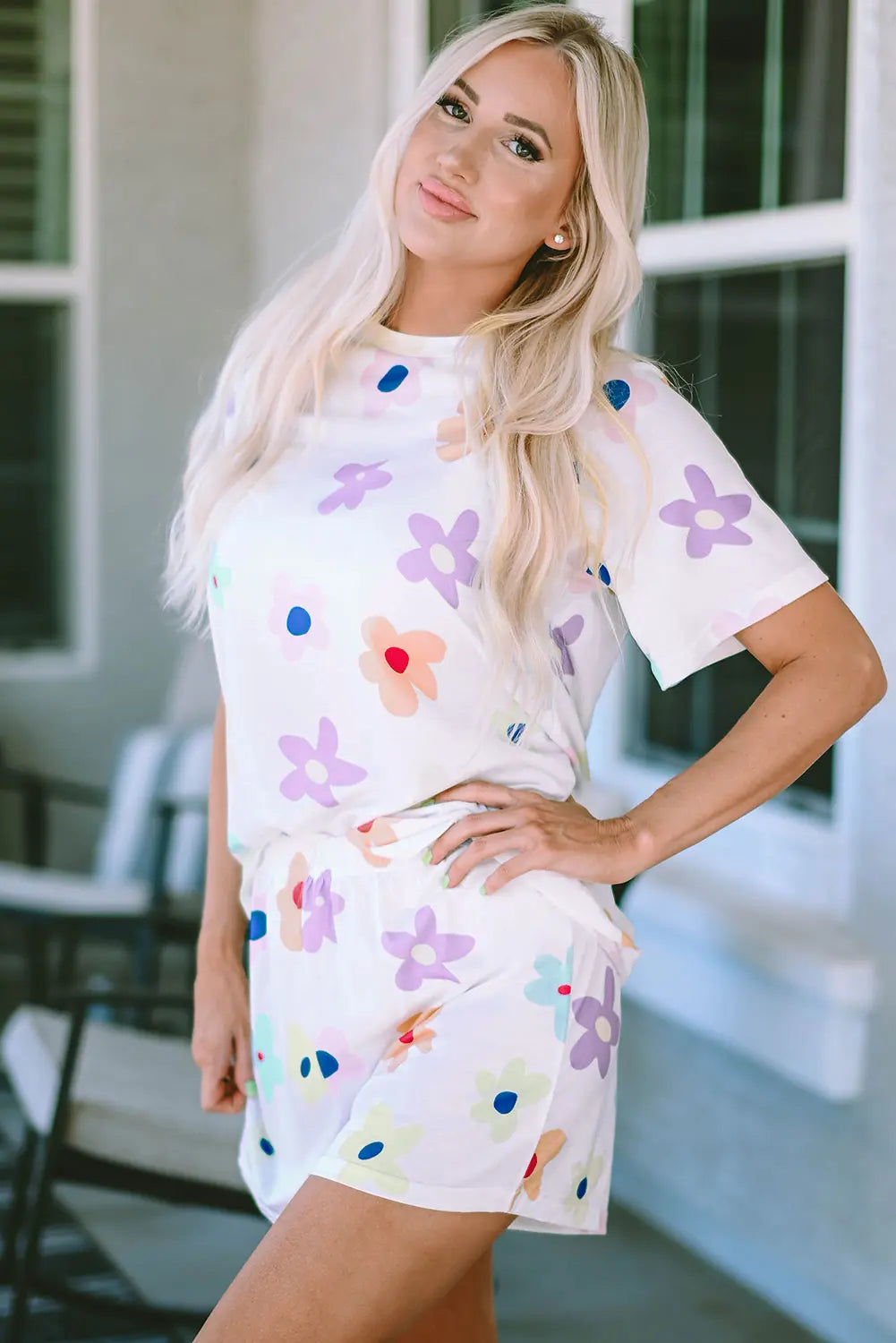 White Flower Print Short Sleeve High Waist Two Piece Loungewear eAura
