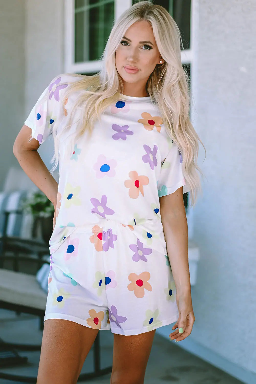 White Flower Print Short Sleeve High Waist Two Piece Loungewear eAura