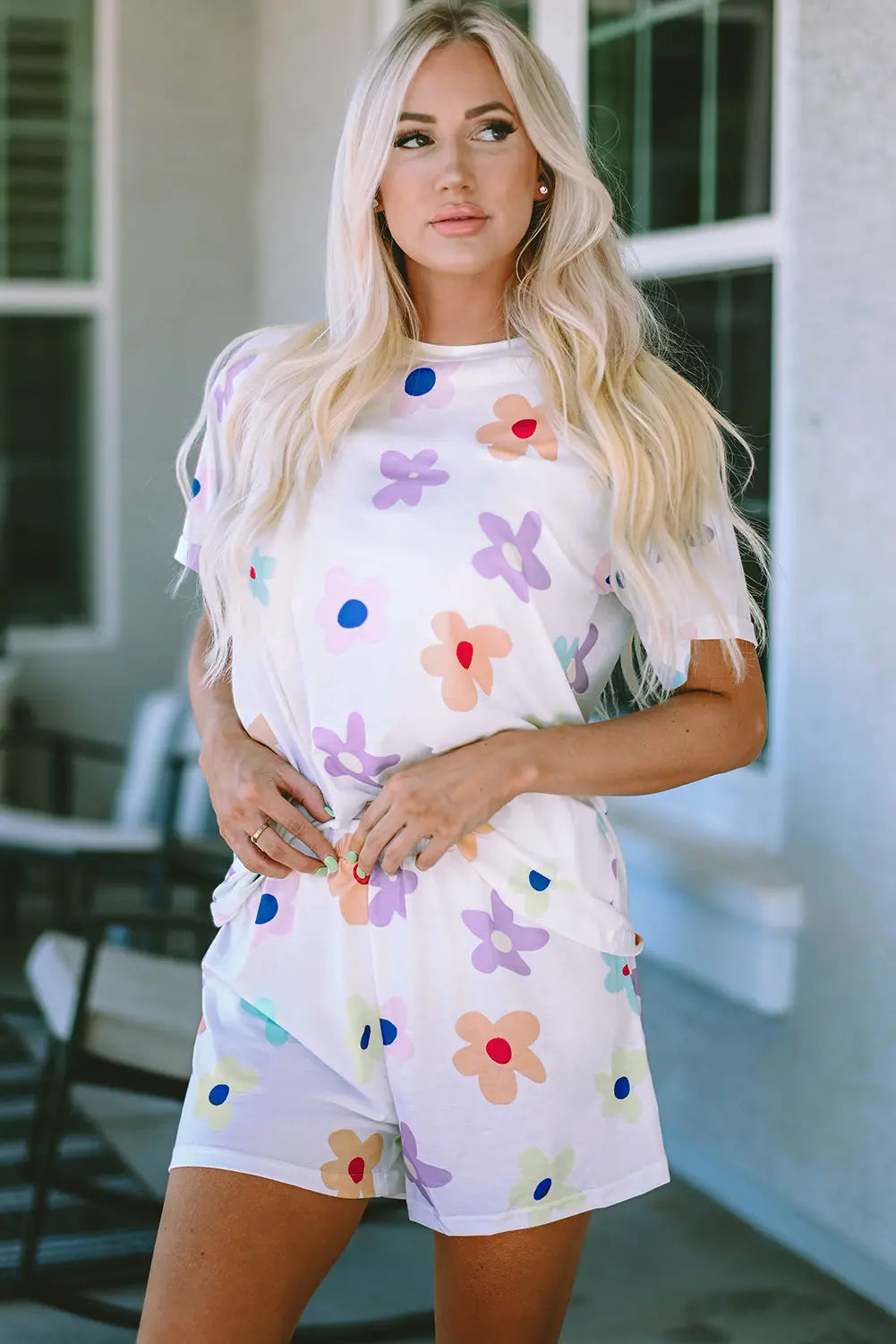 White Flower Print Short Sleeve High Waist Two Piece Loungewear eAura