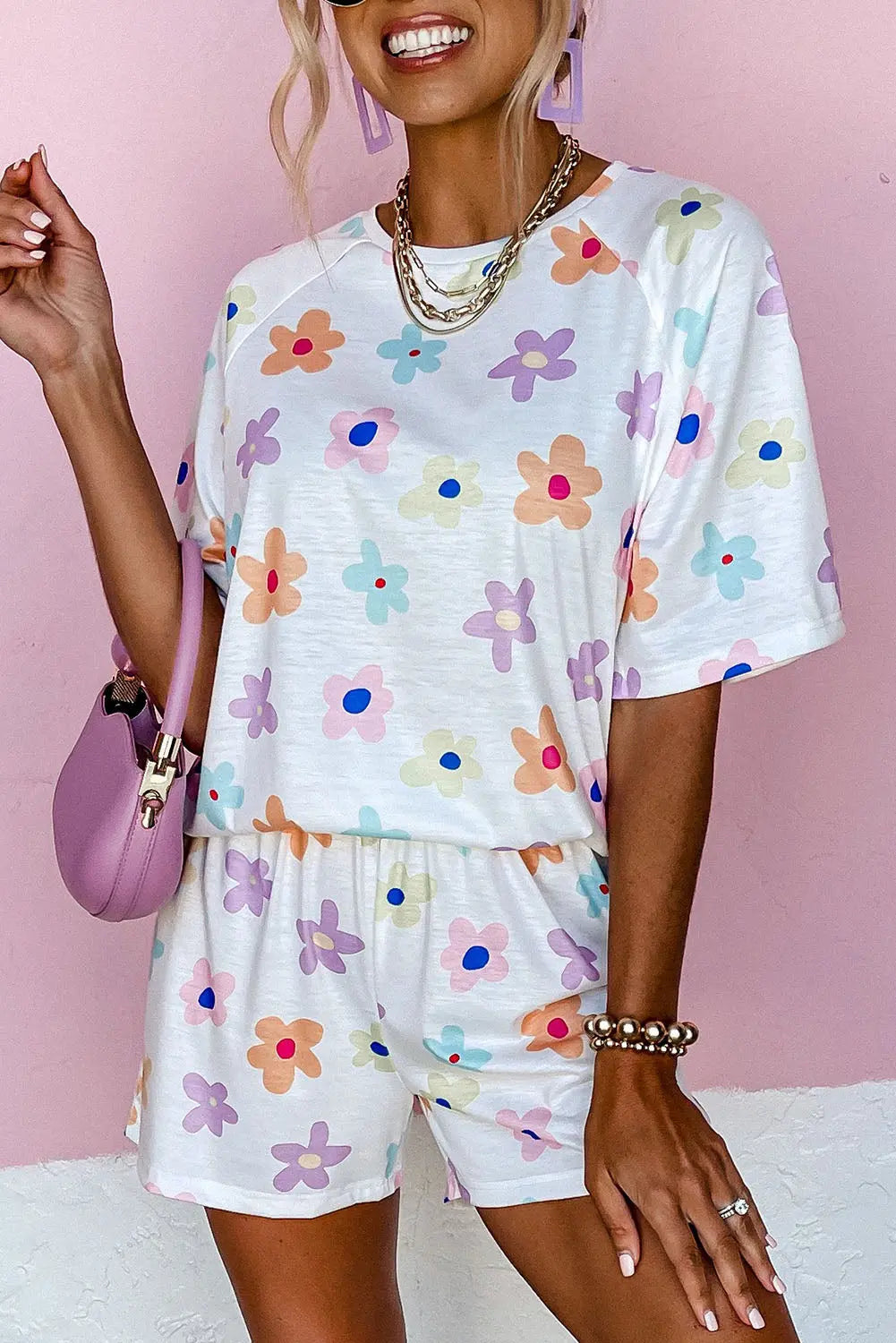 White Flower Print Short Sleeve High Waist Two Piece Loungewear eAura