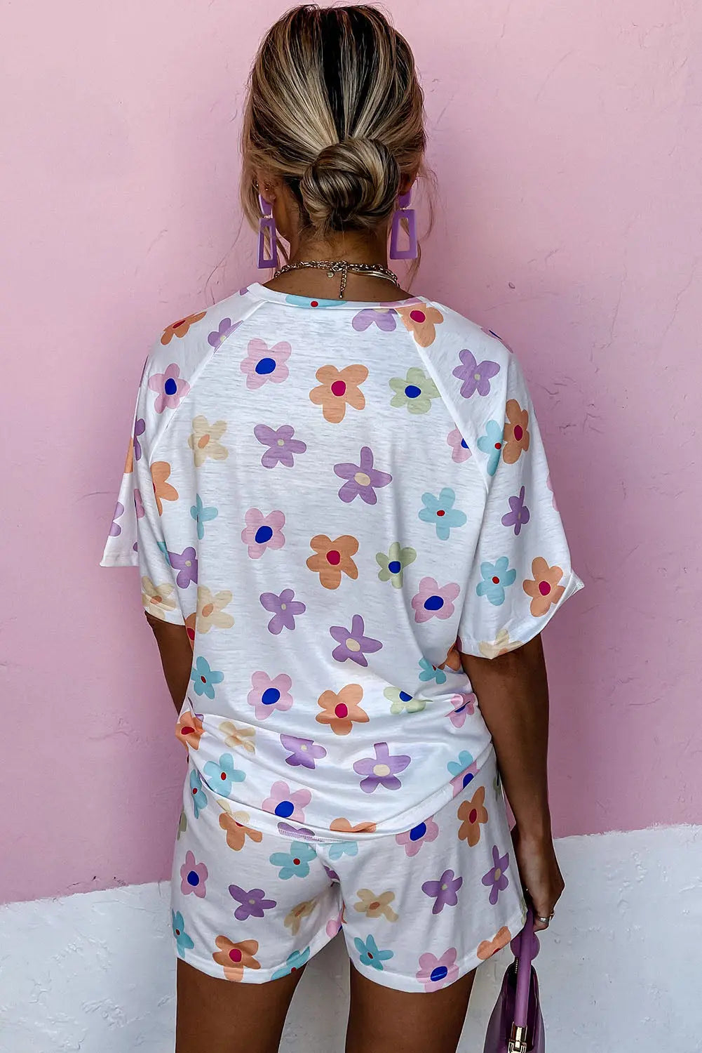 White Flower Print Short Sleeve High Waist Two Piece Loungewear eAura