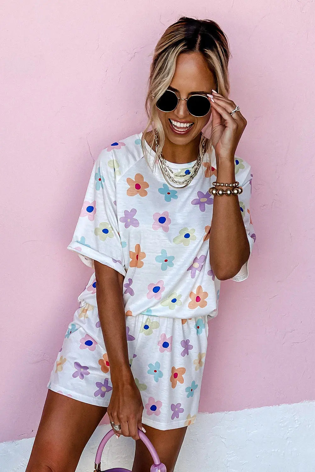 White Flower Print Short Sleeve High Waist Two Piece Loungewear eAura