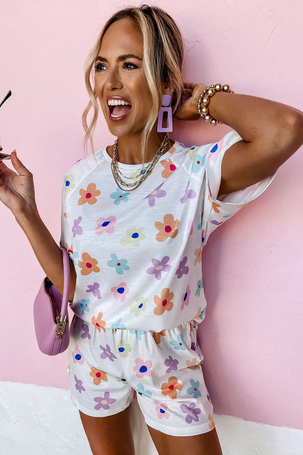 White Flower Print Short Sleeve High Waist Two Piece Loungewear eAura
