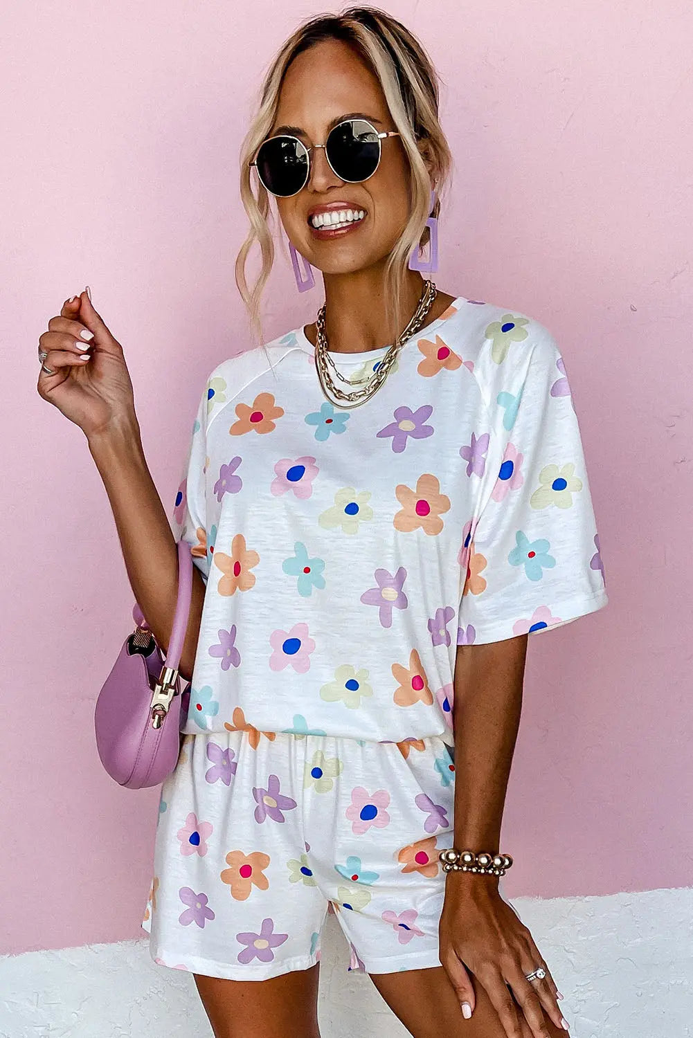 White Flower Print Short Sleeve High Waist Two Piece Loungewear eAura