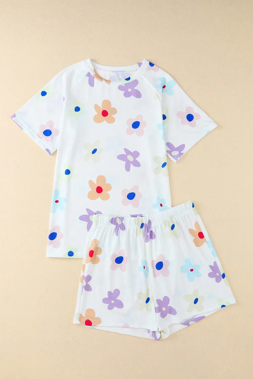 White Flower Print Short Sleeve High Waist Two Piece Loungewear eAura