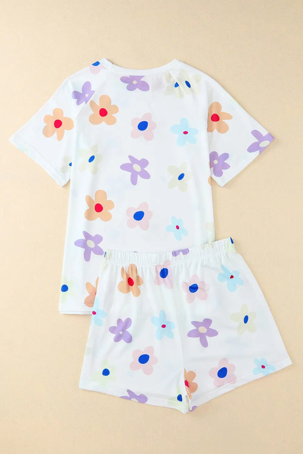 White Flower Print Short Sleeve High Waist Two Piece Loungewear eAura