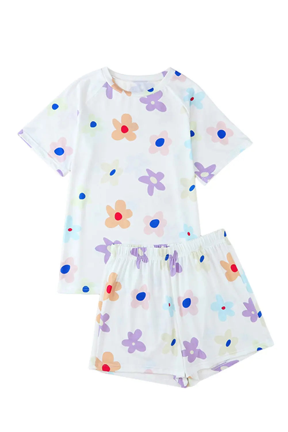 White Flower Print Short Sleeve High Waist Two Piece Loungewear eAura