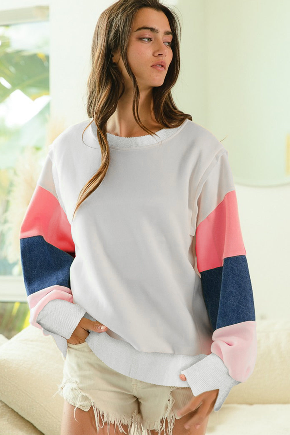 White French Terry Colour Block Long Sleeve Top - eAura