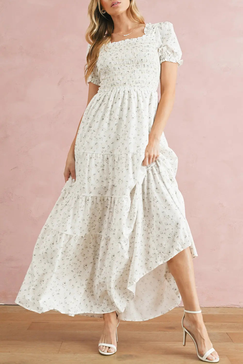White Frill Neckline Shirred Bodice Floral Maxi Dress - eAura