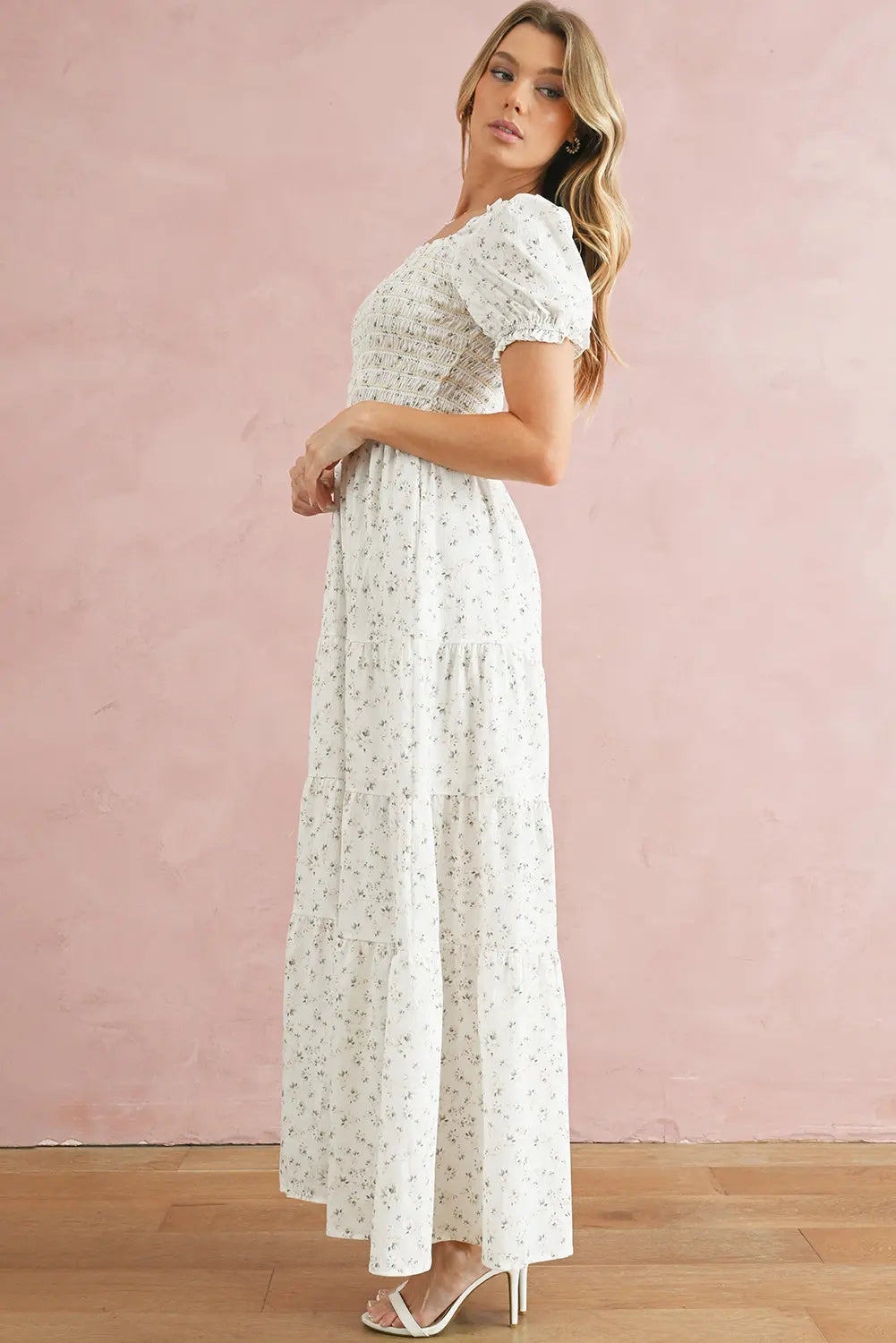 White Frill Neckline Shirred Bodice Floral Maxi Dress - eAura