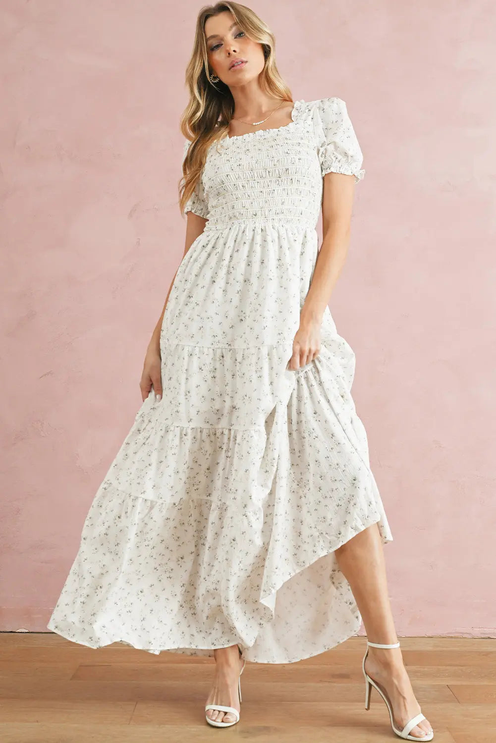 White Frill Neckline Shirred Bodice Floral Maxi Dress - eAura