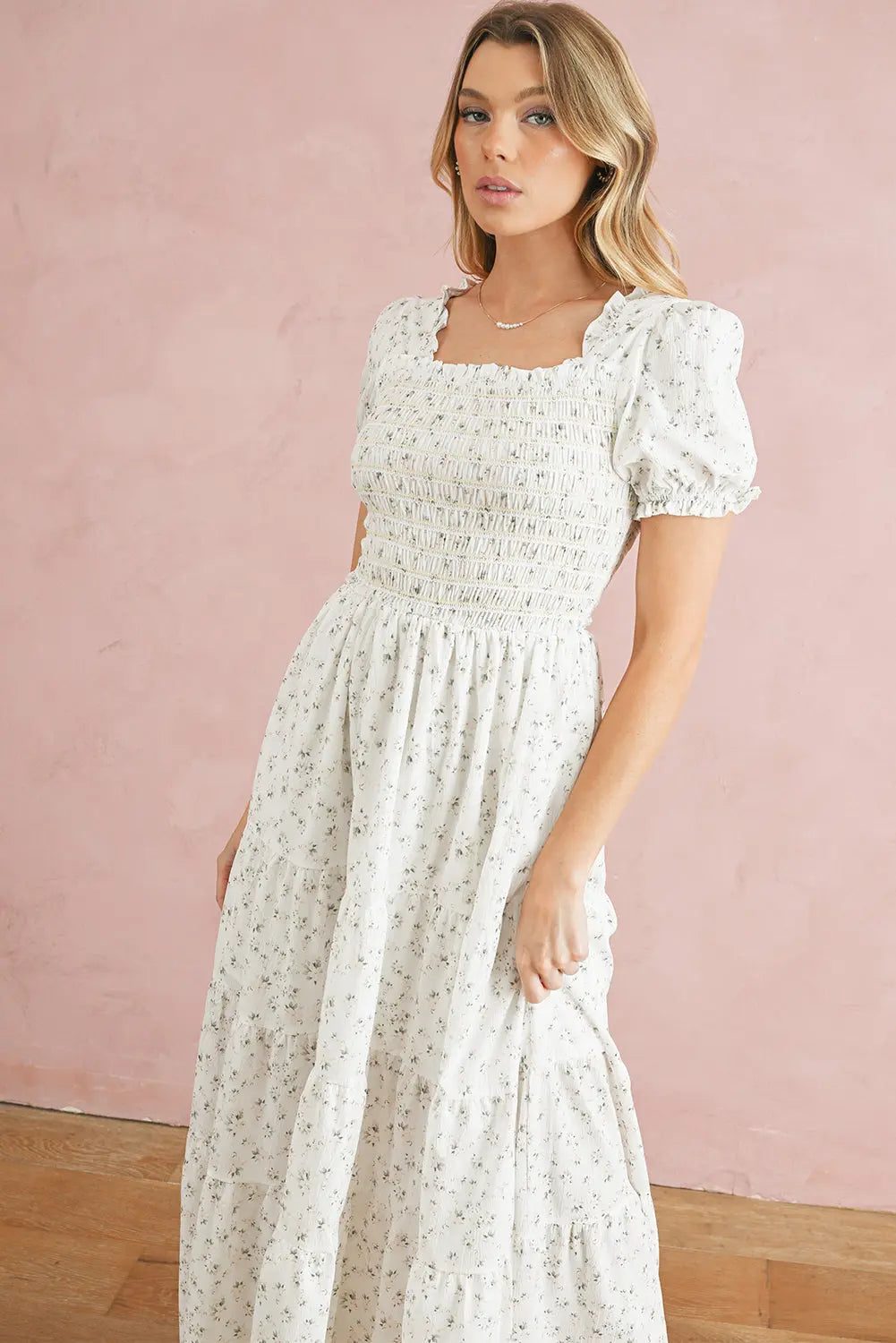 White Frill Neckline Shirred Bodice Floral Maxi Dress - eAura