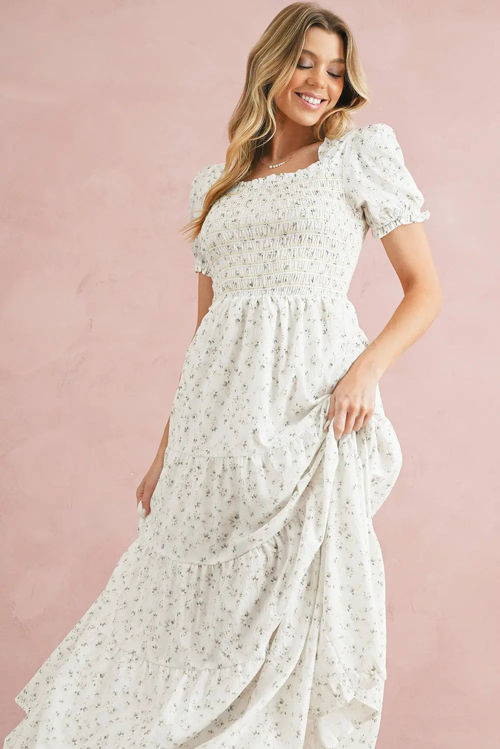 White Frill Neckline Shirred Bodice Floral Maxi Dress - eAura