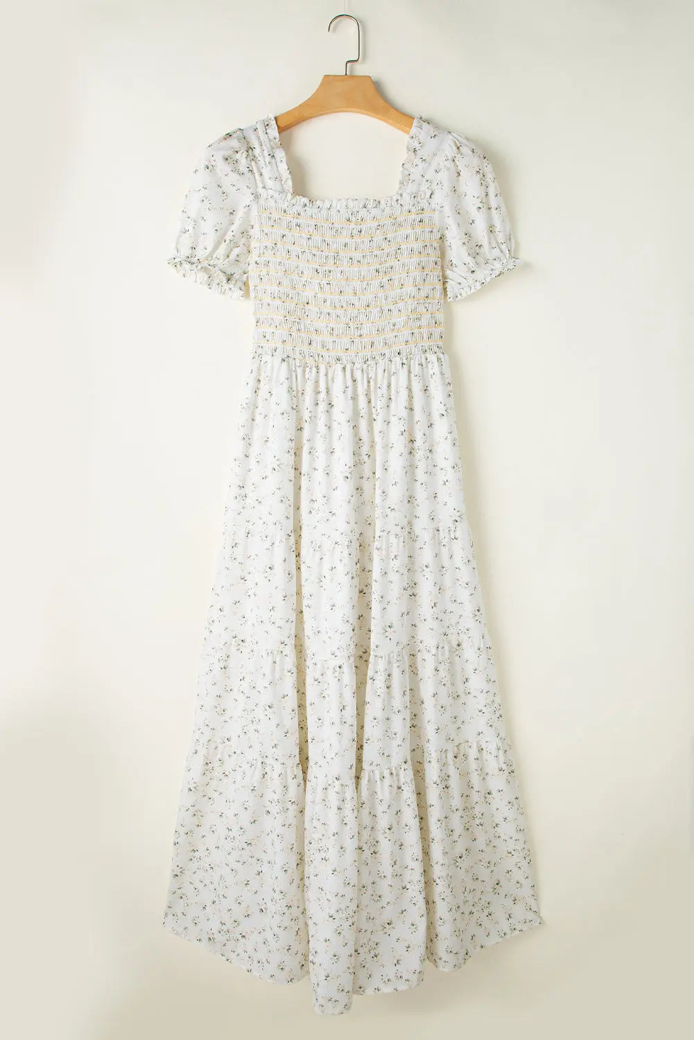 White Frill Neckline Shirred Bodice Floral Maxi Dress - eAura