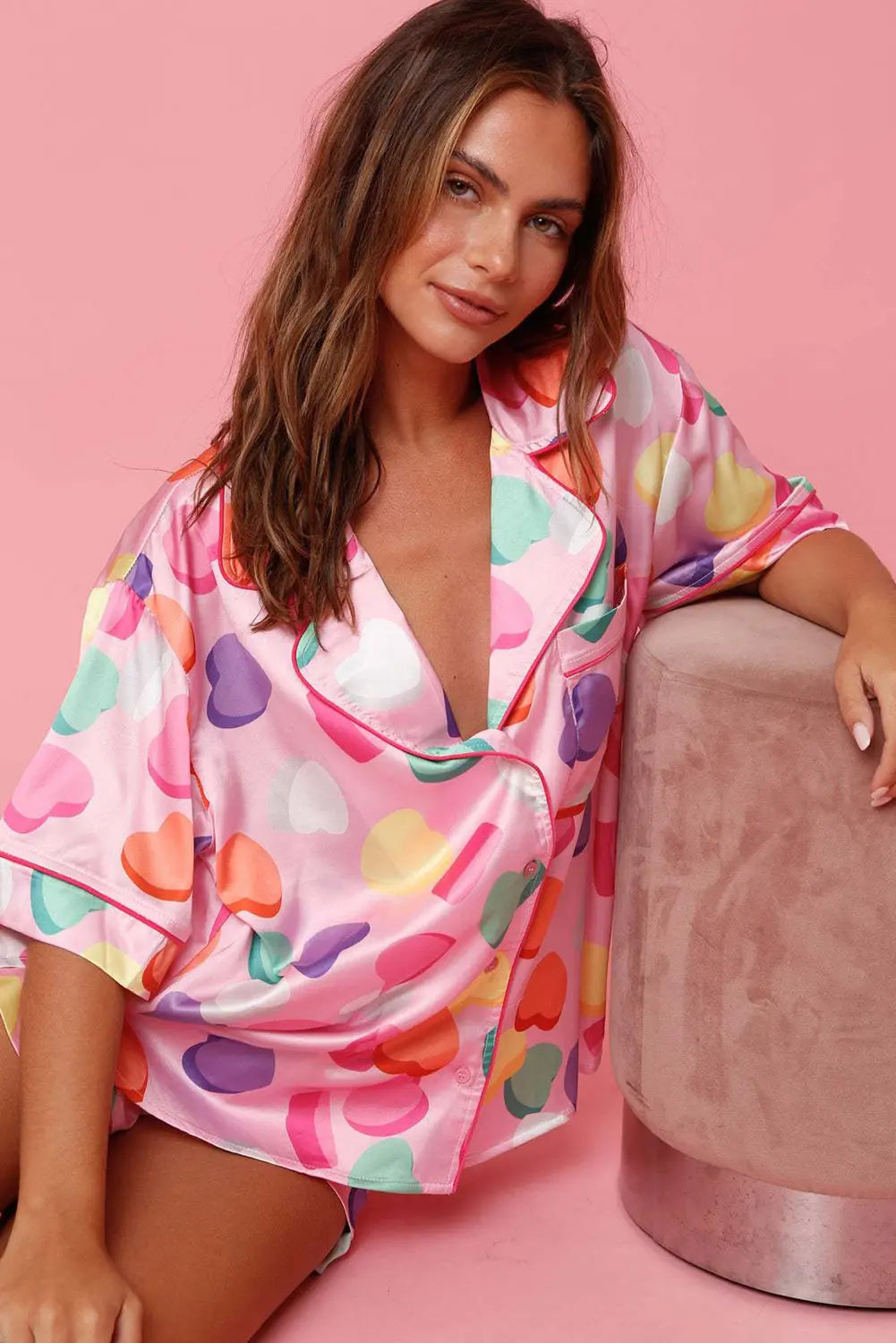White Full Pattern Shirt and Shorts Satin Pyjamas Set eAura