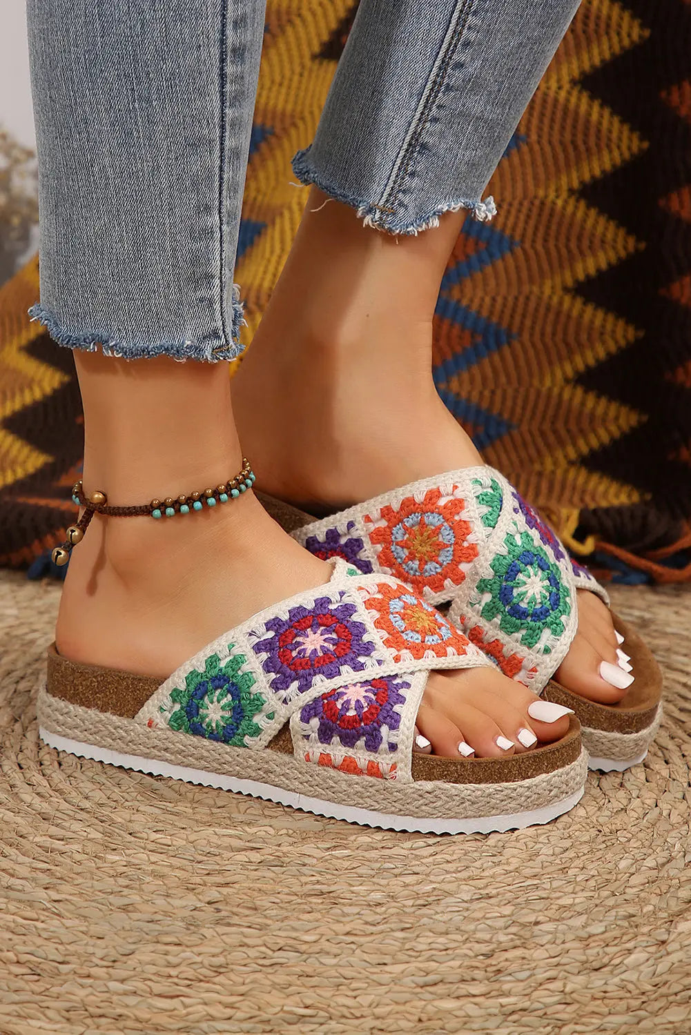 White Geometric Woven Crisscross Strap Platform Sandals - eAura