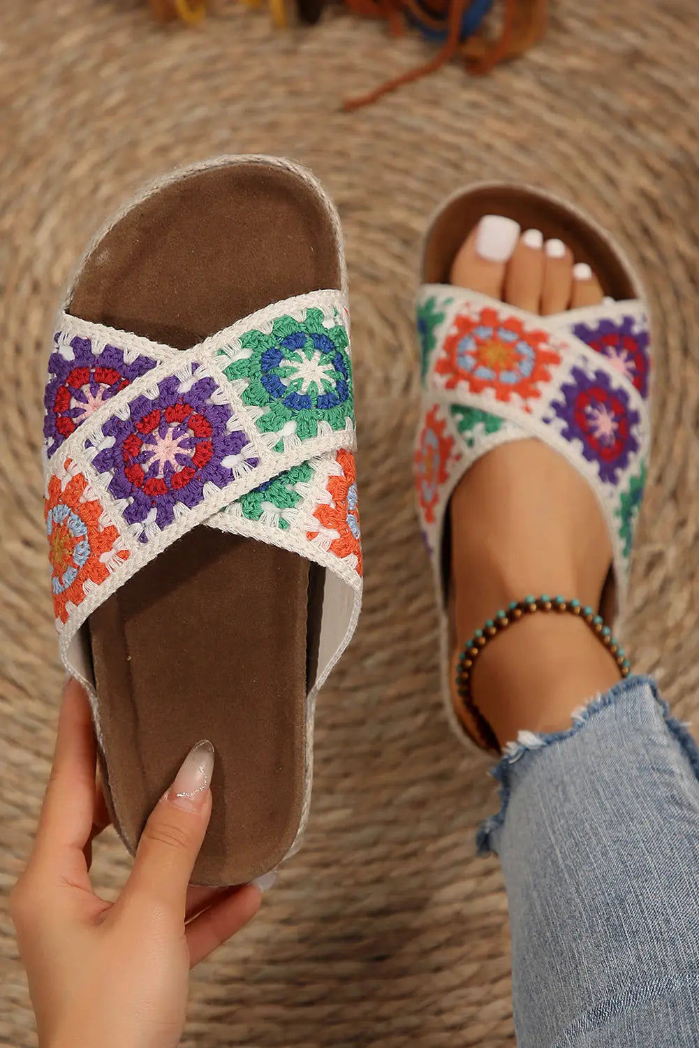 White Geometric Woven Crisscross Strap Platform Sandals - eAura