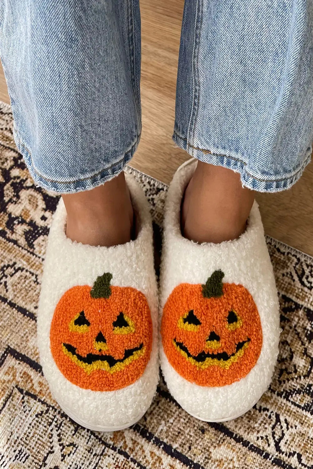 White Halloween Pumpkin Print Plush Slippers (Runs Small, Size Up) Beagle Boutique Fashion Outlet
