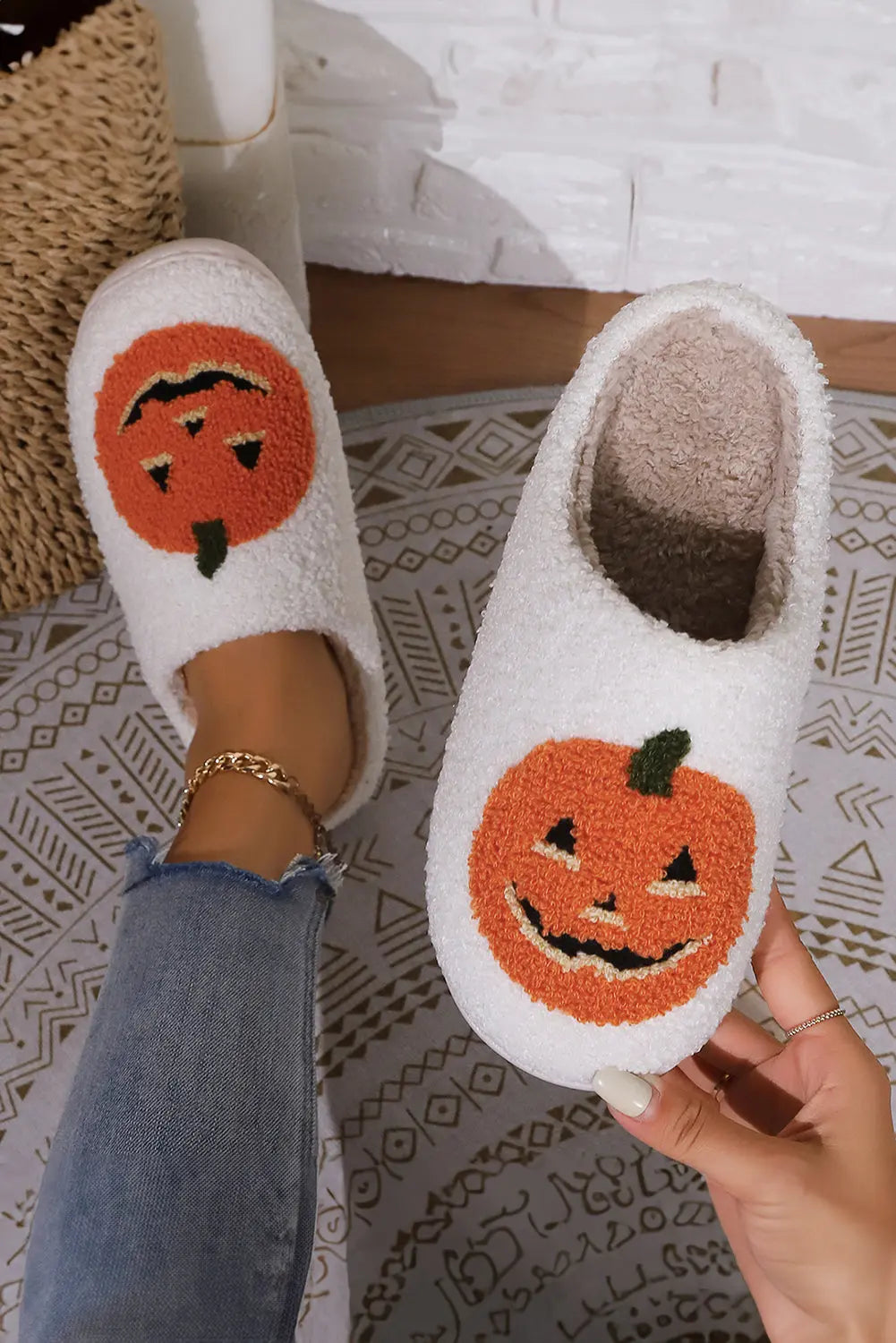White Halloween Pumpkin Print Plush Slippers (Runs Small, Size Up) Beagle Boutique Fashion Outlet
