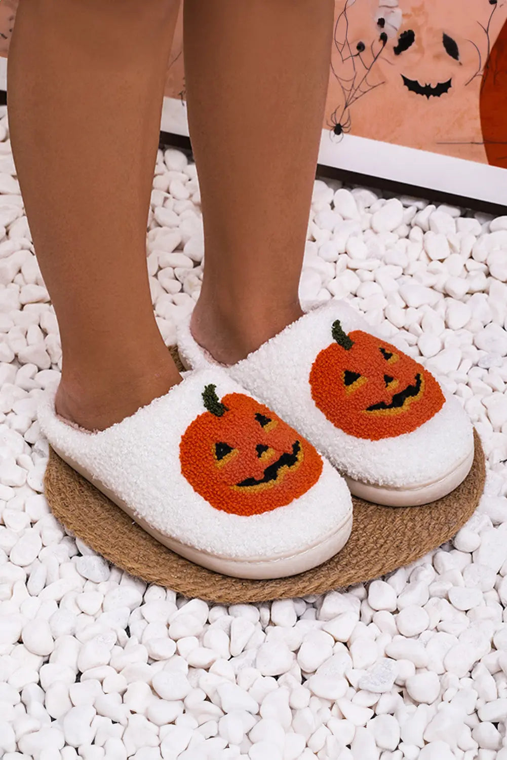White Halloween Pumpkin Print Plush Slippers (Runs Small, Size Up) Beagle Boutique Fashion Outlet